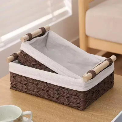Woven storage basket with wooden handle for organizing miscellaneous items, cross-border desktop storage