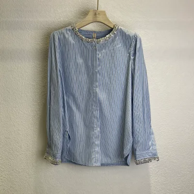 Chic Elegant Woman Long Sleeve Chic Tops O-Neck Beaded Button Solid Pattern Jacquard Cardigans with Beads CasualBlouses