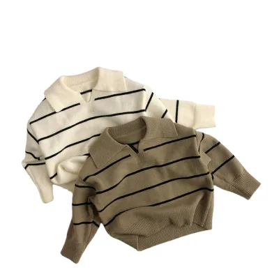 1-6yrs Kids Stripe Knit Sweater Kids Knitwear Long Sleeve Wool Babys Turn-Down Collar Tops Oversized Knit Sweater Child