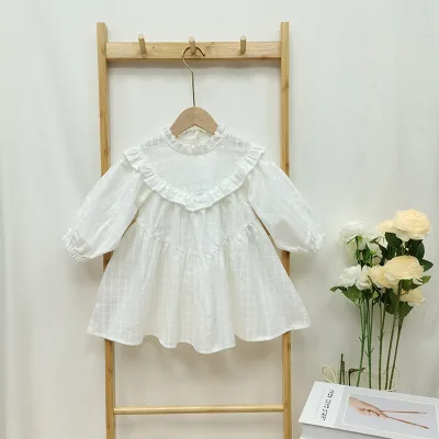 Girls' Ins Style Casual Dress Spring New Large Lace Round Neck Solid Color Baby Girl with Puff Sleeves O-Neck for Children