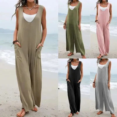 2025 European and American Style High-quality Casual Knitted Summer Women's Sleeveless Full Length Jumpsuits