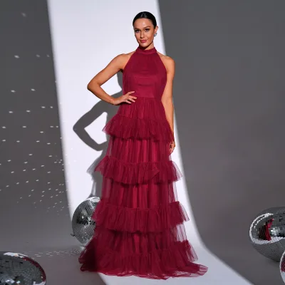 Halter Sleeveless Mesh A-Line Floor-Length Prom Dresses Long Elegant Evening Dresses for Women Lady Formal Dinner Party