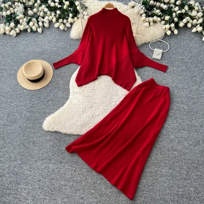 Women's Fall Winter Mock Neck Batwing Sleeve Asymmetric Hem Ribbed Knit Top High Waist Midi Skirt 2 Piece Elegant Sweater Set