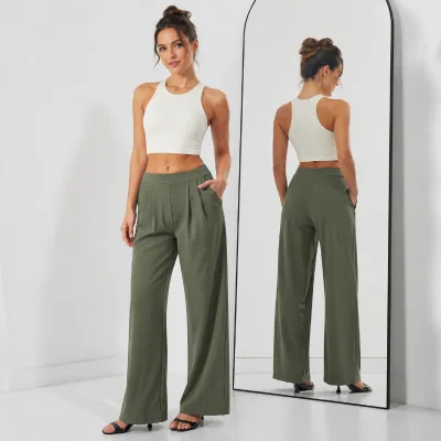 Women Tailored High Waist Wide Leg Trousers Front Pleats Casual Lounge Bottoms Minimalist Athleisure Streetwear
