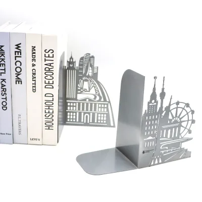 Grey Color Skyscraper Shaped Bookend Non-Skid Book Holder Heavy Duty Metal Storage for Books