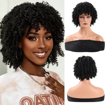 SYNTHETIC Afro Short Kinky Curly Wigs with Bangs for Black Women Natural Glueless Heat Resistant for Daily Party