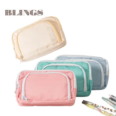 Wholesale Large Capacity 2 Layers Beige Pencil Bag Fabric Storage Case for Students Teenagers Office Classroom Use