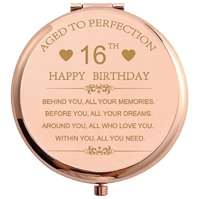 Calltoge Personalized Modern Inspirational Sweet 16th Birthday Gift Rose Gold Stainless Steel Portable Travel Compact Mirror