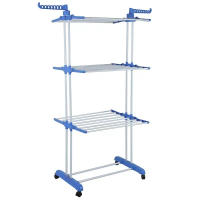 Hotsale Multi-layer Movable Clothes Drying Rack, Home Folding Telescopic Floor-standing Double Pole Clothes Rack