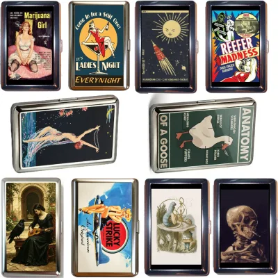 Vintage Rectangular Metal Cigarette Box Lighter Holder Snap Closure Waterproof Smell Proof Retro Funny Design Logo for Women Men