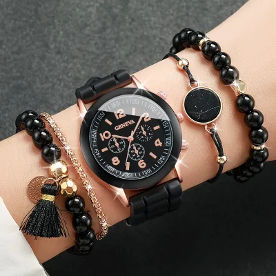 In-stock Minimalist Versatile Stylish Womens Watch Plastic Silicone Gel World Time Feature; 5-piece Premium Gift Set for