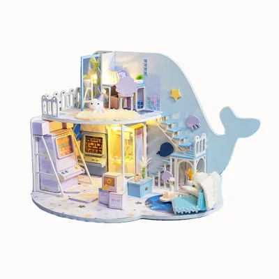 IIECREATE YU-2702 Custom Miniature Wooden Doll House 3D DIY Furniture Model Set 1:24 Scale Eco-friendly Whale Style Loft Bedroom