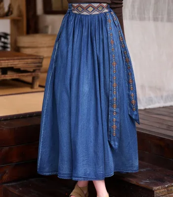 Custom Pleated Skirt Retro Embroidered Skirt Versatile Floral-Embroidered Washed Denim Jeans Women Casual Vintage Style Summer