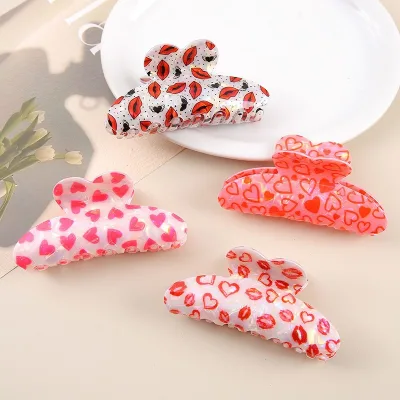 DOWELL Customized Women's Half Thick Hair Claw Clip 5cm Red Heart Pattern Non-Slip Acetate PC Material Perfect Party Valentine's