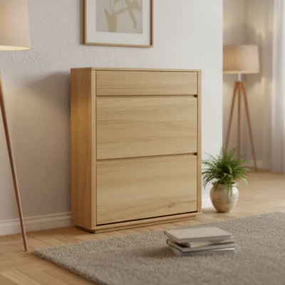 Living Room Entry Modern White Oak Panel Thin Shoe Rack with 2 Tiers and 1 Drawer Save Storage