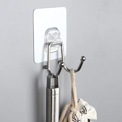 Stainless Steel Double Hook Punch-free Household Kitchen Storage Hook Bathroom Non-marking Nail-free Adhesive Wall-Mounted
