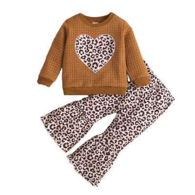 Brown Print Cotton Casual Girl Children Clothes 2 Piece Set Long Sleeve Top and Leopard Pants Suit