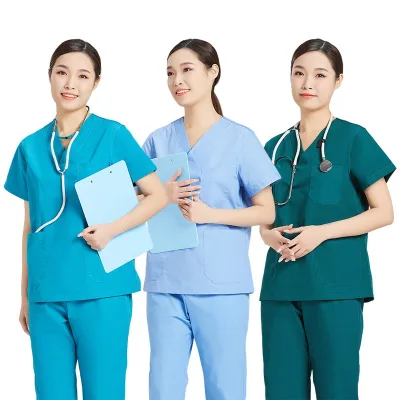 Dark Green Short-Sleeved Scurbs Polyester Cotton Hand Washing Medical Work Clothes Scrubs for Hospital Uniforms