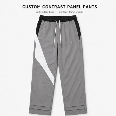 OEM Custom Supplier Lightweight Track Pants Casual Patchwork Sportywear Pleated Relaxed Wide Leg Nylon Embroidered Men's Pants