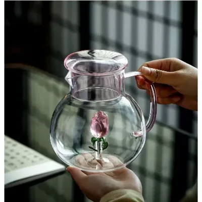 Unique Design Glass Teapot Borosilicate 3D Flower Design Glass Teapot for Tea Brew