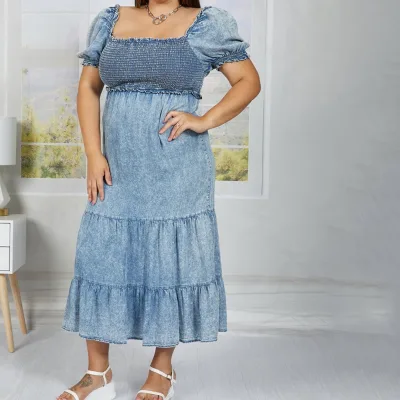 Women Casual Wear Vintage Fashion Design Short Puff Shoulder Sleeves Square Neck Smocked Chest Ruffles Solid Washed Denim