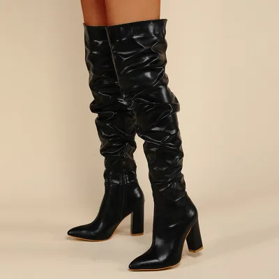Womens over the Knee Boots PU Ruched Upper EVA Midsole Pointed Toe Block Heel for Fashion Wear in Black Green or White for Women