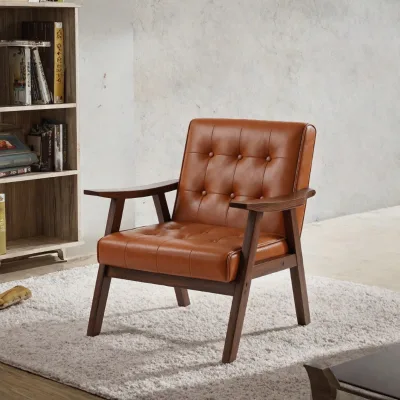 Mid Century Accent Chair with Tufted Back Olive Green Leather Walnut Wood Frame for Living Room Cafe and Hotel Reading Bergere
