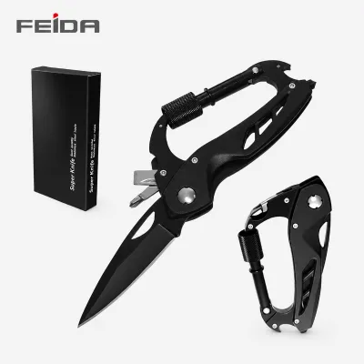 420 Stainless Steel Multitool Carabiner with Folding Knife, Bottle Opener & Screwdriver, Locking Clip for Outdoor Camping Hiking