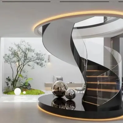 Luxury Solid Wood Spiral Staircase with Glass Balustrade and Warm LED Lighting Modern Steel Construction for Villa Use