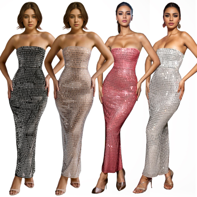 Fashion Luxury for Women Diamond Midi Dresses Sexy Tube Top Dresses Solid Color Sleeveless Evening Dress