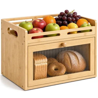 Bamboo Bread Box Modern Household Kitchen Bread Storage Container with Acrylic Window Fruit and Vegetable Rack Bread Bin