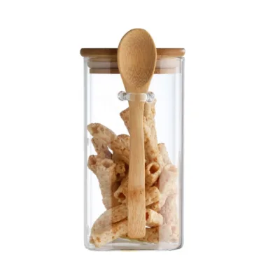 Coffee Sugar Spice Storage Bottles 15oz Glass Airtight Bamboo Lids Rectangle Shape 3-Piece Kitchen Set for Overnight Storage