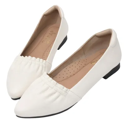 Ann'S White Genuine Leather Pointed Toe Flats Ruched Low Heel Comfortable Office Work Dress Shoes