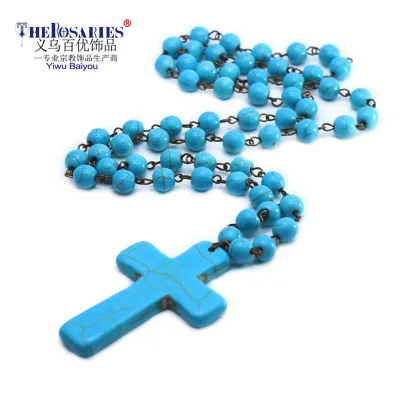 Turquoise Pinestone Beads Chain Link Pendant Necklace with Cross Promotion Gift Vintage Religious Fashion