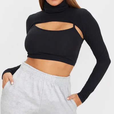 Women's Workout Athletic Wear Durable Spring Fit Black Cutout High Neck Neck Arm Warmer Crop Top