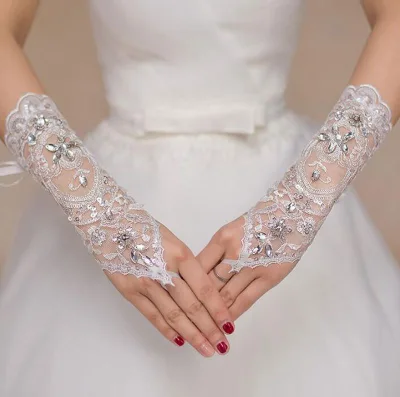 Pretty Beading Long Wedding Gloves Bridal Lace Fingerless Elegant Short Wedding Gloves for Brides, & Formal Occasions
