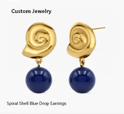 Inspire Jewelry Stainless Steel Spiral Shell Blue Drop Earrings - Gold