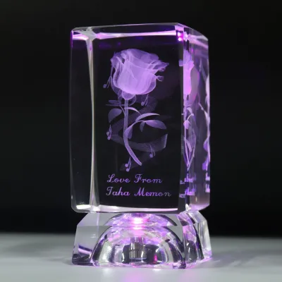 Custom 3d Laser Engraved Crystal Glass Rose Flower Cube With Colorful Led Light Base for Wedding Souvenirs Guests Gifts