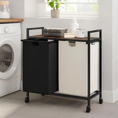 Customizable Large Iron-Made Double Laundry Sorter Hamper Basket Organizer Mesh Foldable Style with Wheels for Home Use