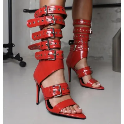 Heeled Sandals for Women Heel Black Red Leather Cut Out Buckle studded Punk Gothic Fashion Women High Heels
