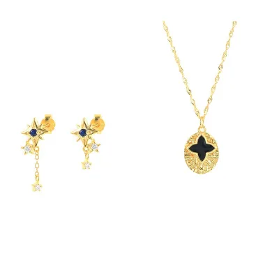ROXI Black Star Zircon Pendant Earrings Round Brand Cross Enamel Pendant Necklace Set