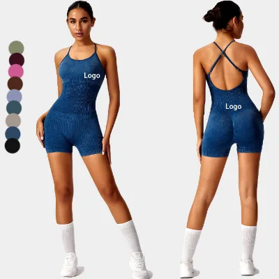 Adjustable Strap Frosted Washed Seamless Gym Yoga Jumpsuit Removable Chest Pads Fitness Jumpsuit Women Cross Back Yoga Jumpsuit