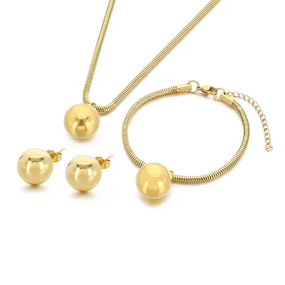 New Arrivals Fashion 18K Gold Plated Stainless Steel Ball Pendant Necklace Earring and Bracelet Jewelry Set