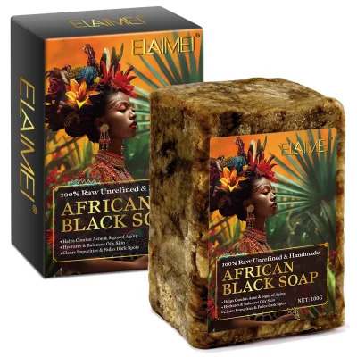 ELAIMEI 100% Raw Unrefined Handmade African Black Soap Bar Shea Butter Moisturizing Exfoliating Oil-Control for Adults 100g