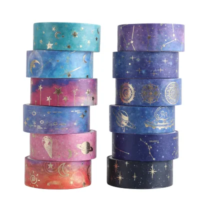 Galaxy Purple Pressure Sensitive Washi Tape Gold Foil Celestial Decorative Tape Moon Stars Constellation Patterns for Masking