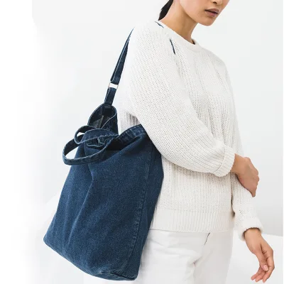 Custom Denim Duck Bag Garment Washed Denim Dark Cloth Shoulder Tote Bag