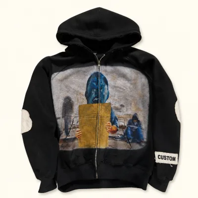 Custom Distressed Patchwork Graphic Zip up Hoodie Oversized Vintage Streetwear Full Front Print Men's Hoodie Wholesale Supplier
