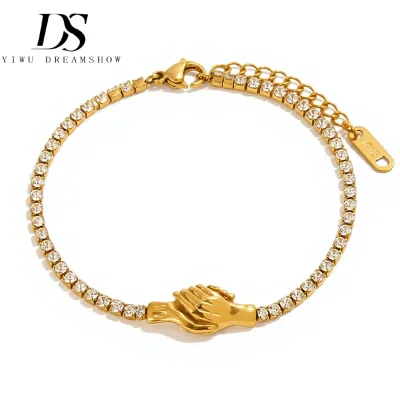 Dreamshow Gold Plated Stainless Steel Tennis Chain Bracelet Handshake Claw Design Rhinestone Style Elegant Jewelry Wholesale
