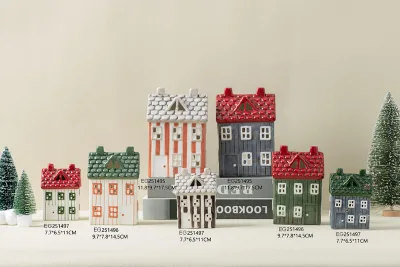 Manufacture Customized Hand Painted Colorful Modern Christmas Village Ceramic House Shape Indoor Tabletop Ornaments Customized