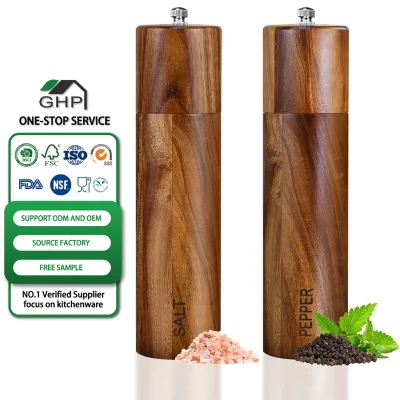 Acacia Wooden Salt and Pepper Grinder Set 8" Refillable Mills Adjustable Coarseness Ceramic Core Manual Peppercorn Shaker